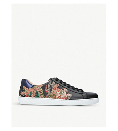 Gucci Ace Dragon-embroidered Low-top Leather Trainers In Black | ModeSens