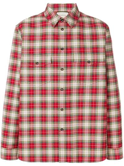 Gucci Embroidered Snake Oversize Plaid Shirt In Red
