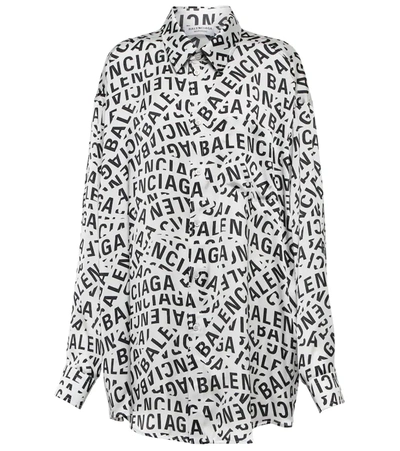 Balenciaga Woman Soft Logo Strips Blouse In Grey Technical Satin