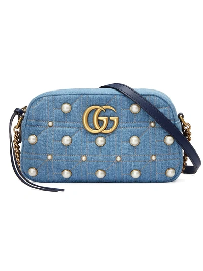 Gucci Marmont 2.0 Imitation Pearl Embellished Denim Camera Bag - Blue In Multi