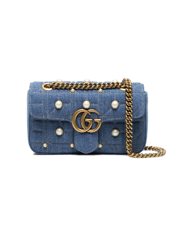 Gucci Gg Marmont 2.0 Imitation Pearl Embellished Denim Crossbody Bag - Blue | ModeSens