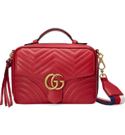 Gucci Gg Marmont Small Chevron Quilted Leather Top-handle Camera Bag With Web Strap In Hibiscus Red/ Mystic White