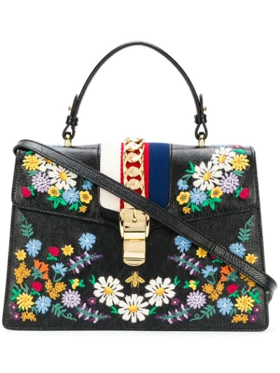 Gucci Medium Sylvie Floral Embroidered Top Handle Leather Shoulder Bag In Nero