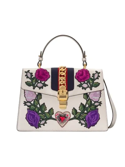 Gucci Medium Sylvie Floral Patch Top Handle Leather Shoulder Bag - White In Mystic White/ Blue/ Red
