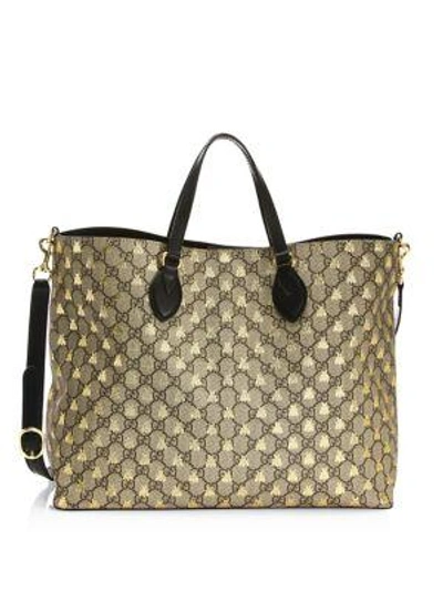 Gucci Bestiary Gg Supreme Medium Top-handle Tote Bag In Beige Ebony Oro/ Nero