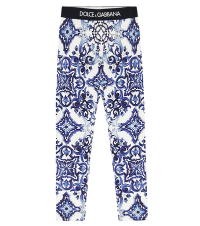 Dolce & Gabbana Kids' Leggings Bianco Con Stampa Barocca Blu In Cotone Stretch In White
