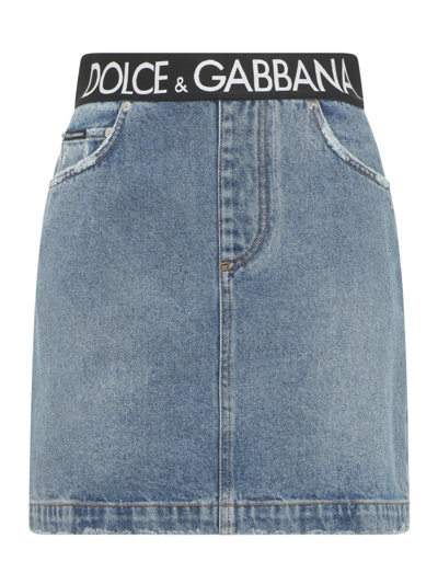 Dolce & Gabbana Short Denim Skirt With Branded Waistband In Multicolor