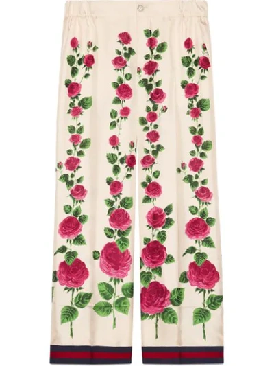 Gucci Cropped Grosgrain-trimmed Floral-print Silk-twill Wide-leg Pants In Ivory/multicolor