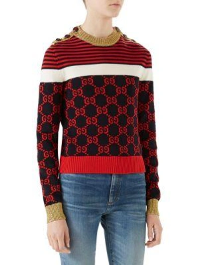 Gucci Long Sleeve Cotton Stripe Button Detail Sweater In Navy-red