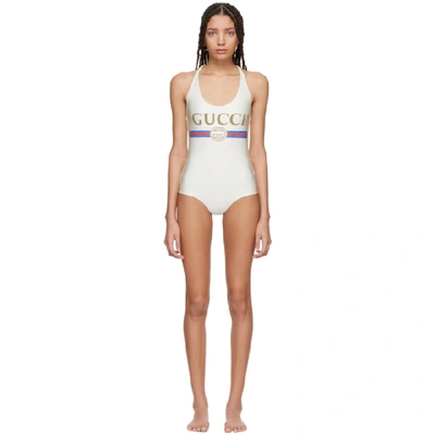 Gucci V-neck Logo Swimsuit In Ivory In White