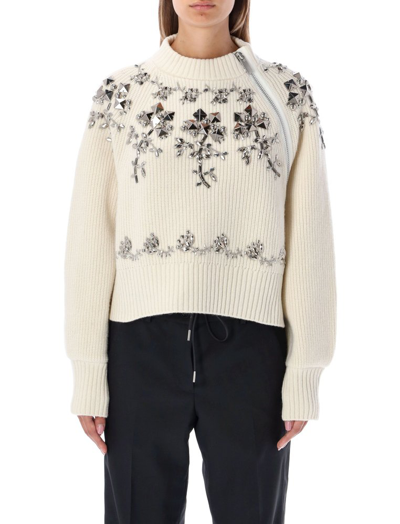 Sacai Stud And Sequin-embellished Wool-knit Jumper In Neutral