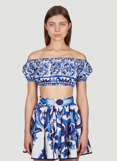 Dolce & Gabbana Majolica-print Poplin Crop Top In Blue,white