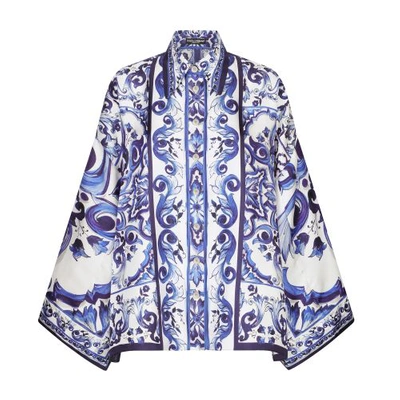 Dolce & Gabbana Majolica-print Twill Shirt With Slits In Tris_maioliche_blu