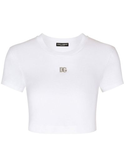 Dolce & Gabbana Cropped Jersey T-shirt With Dg Logo In White