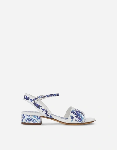 Dolce & Gabbana Kids' Majolica-print Calfskin Sandals In White & Other