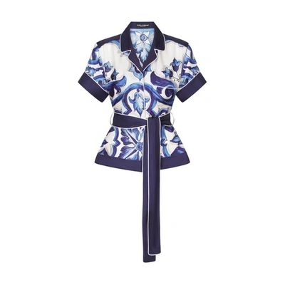 Dolce & Gabbana Majolica-print Twill Shirt With Belt In Tris_maioliche_blu
