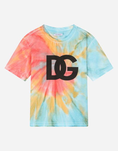 Dolce & Gabbana Kids' Jersey T-shirt With Tie-dye Dg Logo Print In Blue