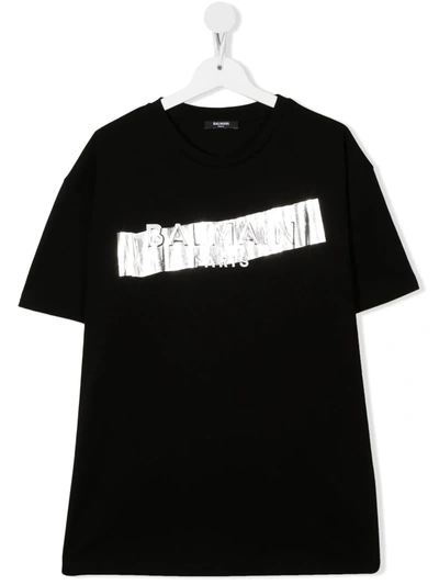 Balmain Teen Foiled-logo Cotton T-shirt In Nero