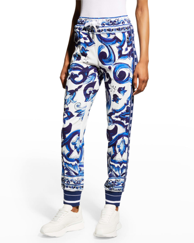 Dolce & Gabbana Blu Mediterraneo Cady Painterly Elasticized Joggers In Maiolica