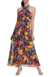 London Times Women's Floral-print Wrap-neck Tie-front Halter Maxi Dress In Red