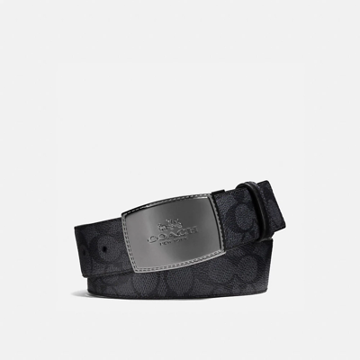 Coach Stitched Plaque Buckle Cut To Size Reversible Belt, 38mm In Charcoal/black