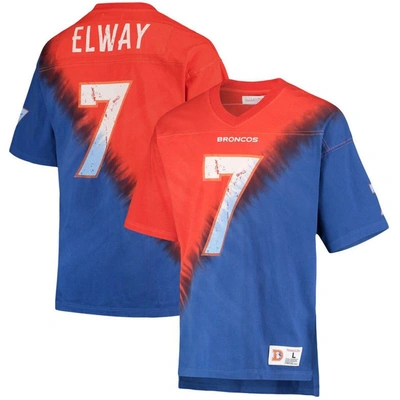 Mitchell & Ness John Elway Orange/royal Denver Broncos Retired Player Name & Number Diagonal Tie-dye In Orange,royal