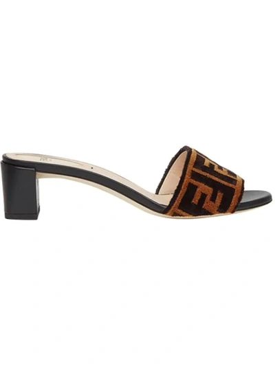 Fendi Logo-print Velvet And Leather Mules In Black