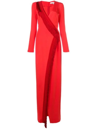 Galvan V-neck Long-sleeve Fringe Detail Gown In Red