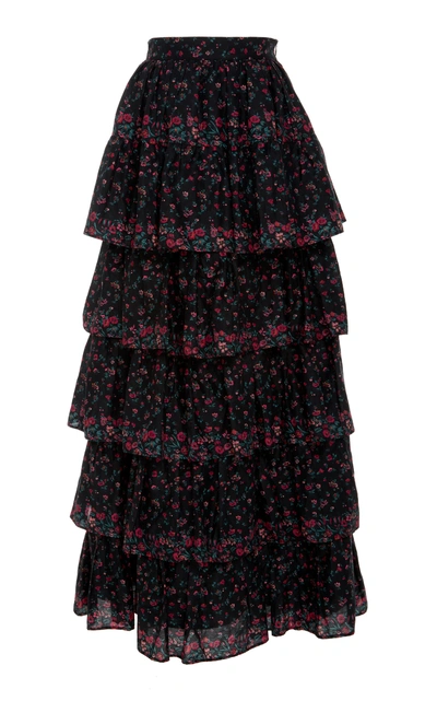 Loveshackfancy Carmen Tiered Floral-print Cotton Maxi Skirt In Black