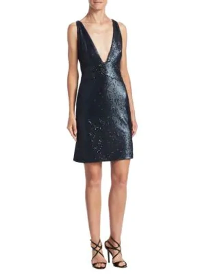 Halston Heritage Sleeveless Plunging Sequined Mini Cocktail Dress In Viintage Blue