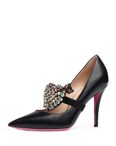 Gucci 95mm Virginia Leather Pump With Crystal Heart In Black