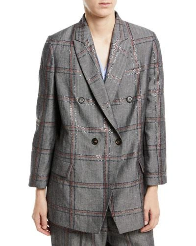 Brunello Cucinelli Cotton/linen Check Paillette Blazer Jacket, Gray