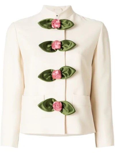 Gucci Cady Crepe Wool/silk Jacket With Rosette Details In Neutrals