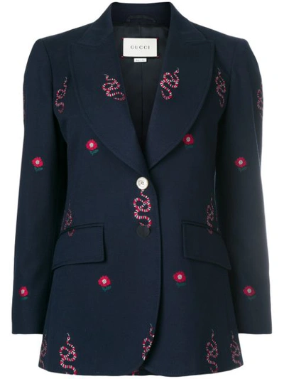 Gucci Kingsnake And Floral Embroidered Jacket In Ink/ Hibiscus Red/ Multi