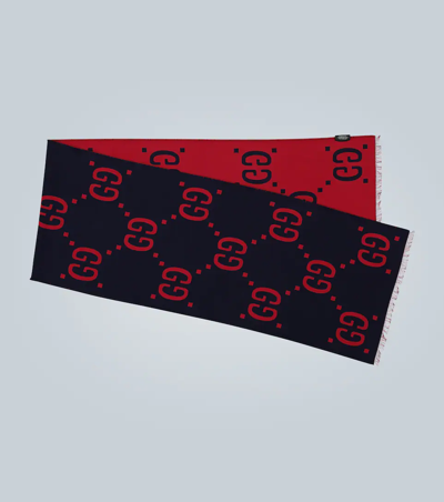 Gucci Blue Wool Gg Jacquard Scarf In Navy
