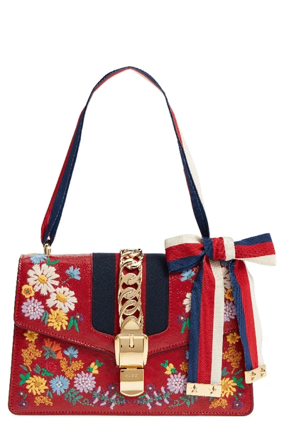 Gucci Small Sylvie Floral Embroidered Leather Top Handle Shoulder Bag - Black In Hibiscus Red Multi/ Blue