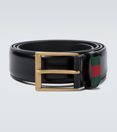 Gucci Leather Belt With Web In Black