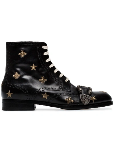 Gucci Embroidered Lace-up Leather Brogue Boots In Black