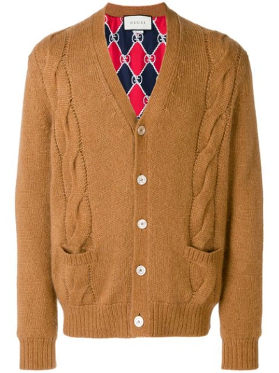 Gucci Reversible Wool Knit & Silk Cardigan In Camel