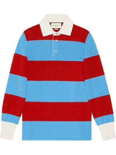 Gucci Striped Polo With Thanatos Embroidery In 4817 Blue Red