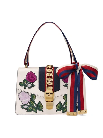 Gucci Sylvie Small Floral-embroidered Shoulder Bag In White