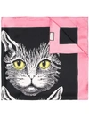 Gucci Mystic Cat Print Silk Scarf With Pink Trim In Black