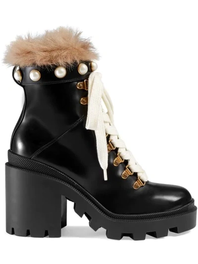 Gucci Leather Combat Boots With Fur Trim In Pearl