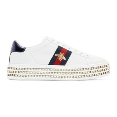 Gucci Ace Embellished Leather Platform Sneakers In White