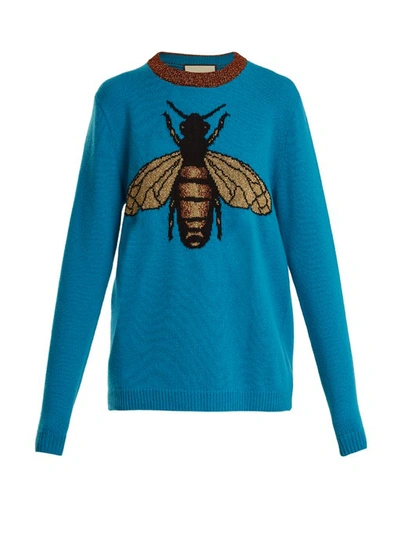 Gucci Bee Intarsia Wool Knit Sweater In Turquoise