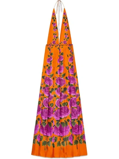 Gucci Rose Print Silk Halter Maxi Dress In Orange-pink