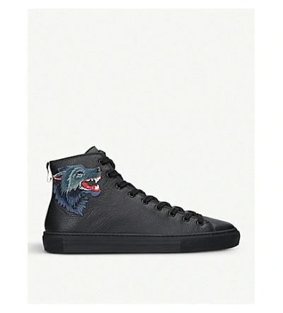 Gucci Major Wolf-appliquéd Full-grain Leather High-top Sneakers In Black