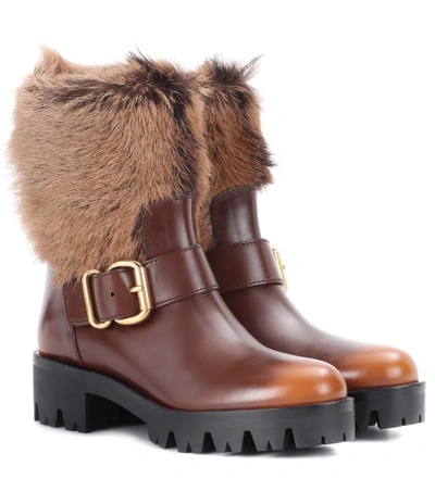 Prada Fur-trimmed Leather Boots In Brown