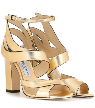 Jimmy Choo Falcon 100 Metallic Leather Heeled Sandals In Gold