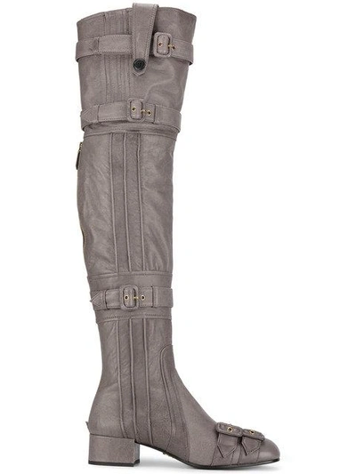Prada Grey Buckle Leather Thigh Boots